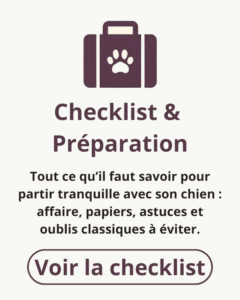 Icône de valise avec une empreinte de patte et texte “Checklist & Préparation” présentant les indispensables à emporter pour voyager avec son chien.