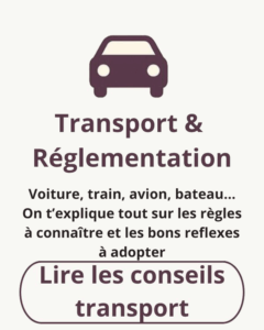 Icône de voiture et texte “Transport & Réglementation” expliquant les règles pour voyager avec un chien en voiture, train, avion ou bateau.