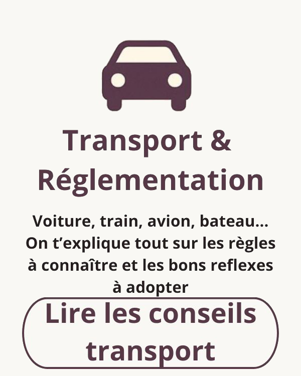 Icône de voiture et texte “Transport & Réglementation” expliquant les règles pour voyager avec un chien en voiture, train, avion ou bateau.